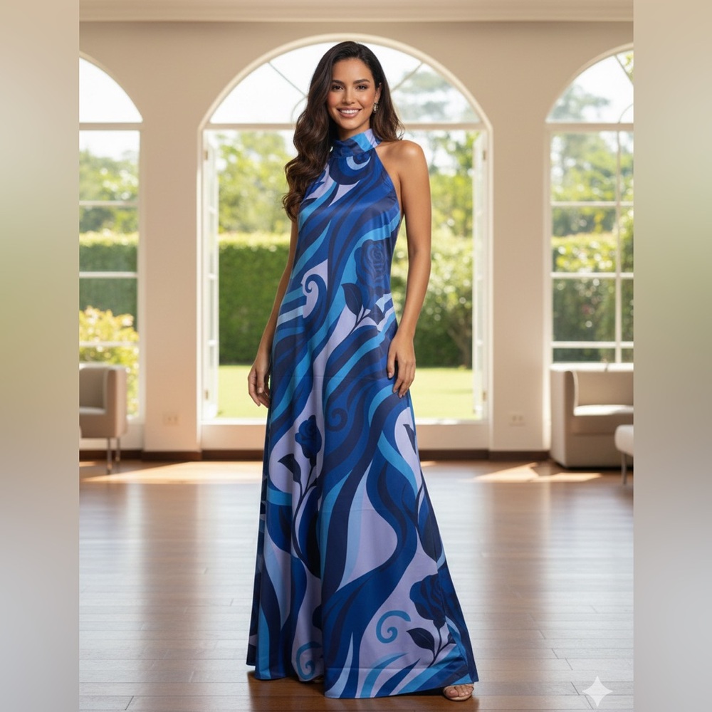 Elegant Blue Patterned Maxi Dress